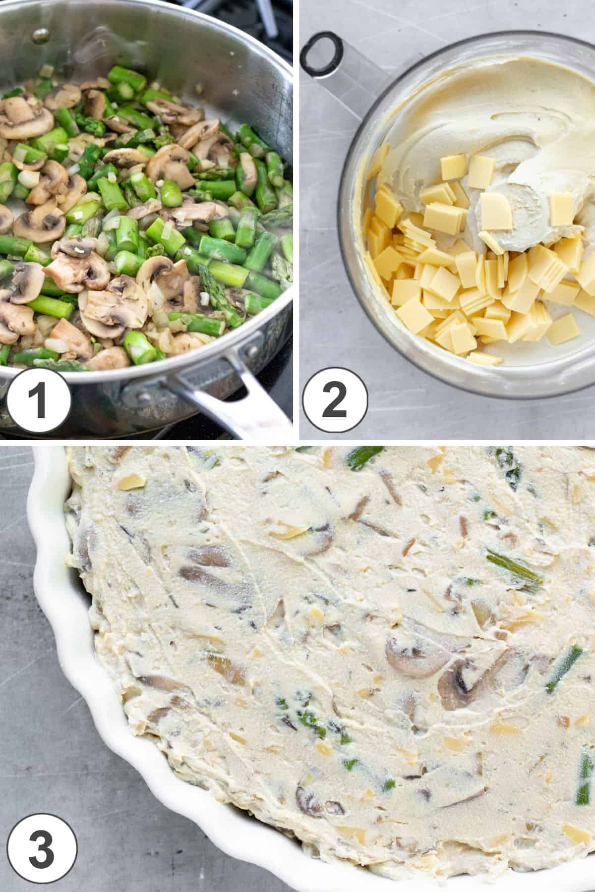 a 3-photo collage showing the steps to saute veggies, blend the filling, and spread in quiche pan.