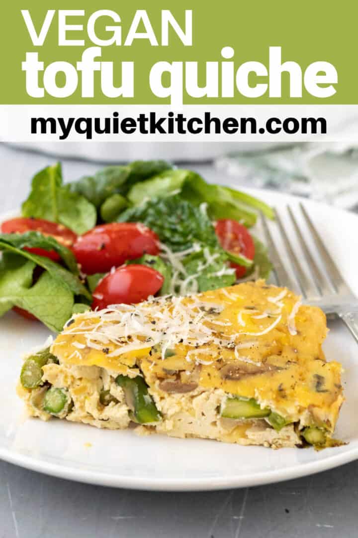 A slice of quiche with recipe title text to save on Pinterest.