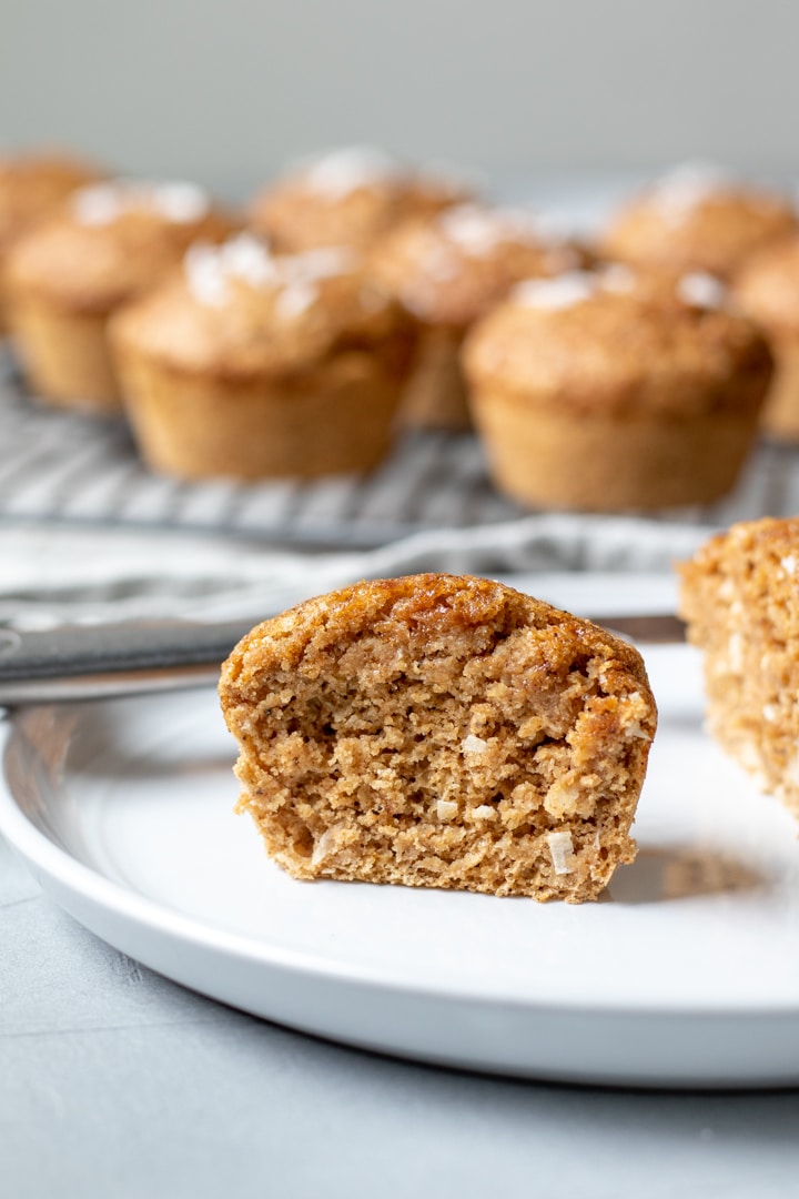 coconut muffin cut in half.