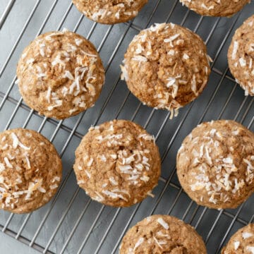 overhead view of muffins on a cooling rack