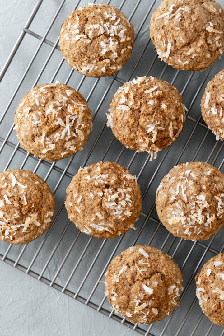 overhead view of muffins on a cooling rack.