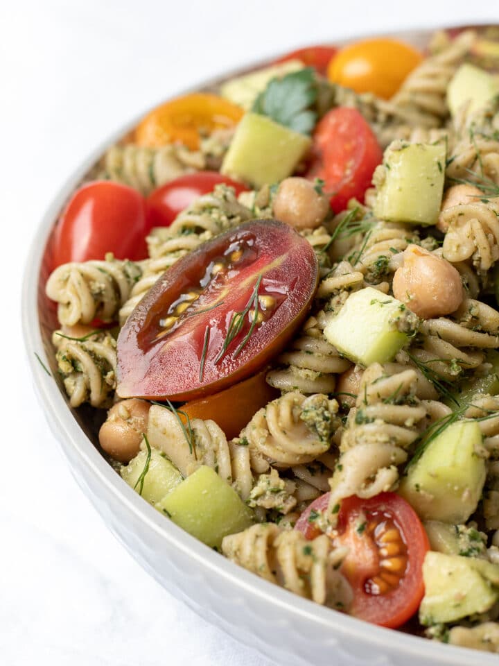 Pasta Salad With Parsley Dill Pesto in a large bowl