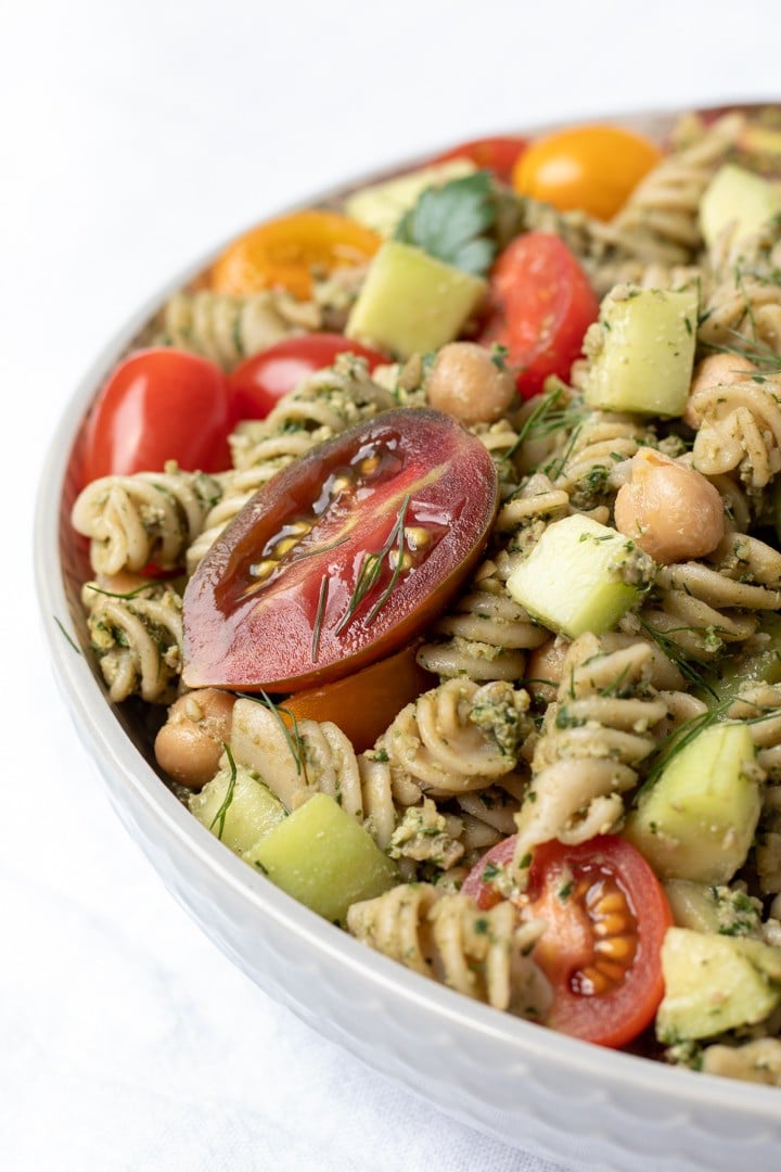 Pasta Salad With Parsley Dill Pesto in a large bowl.