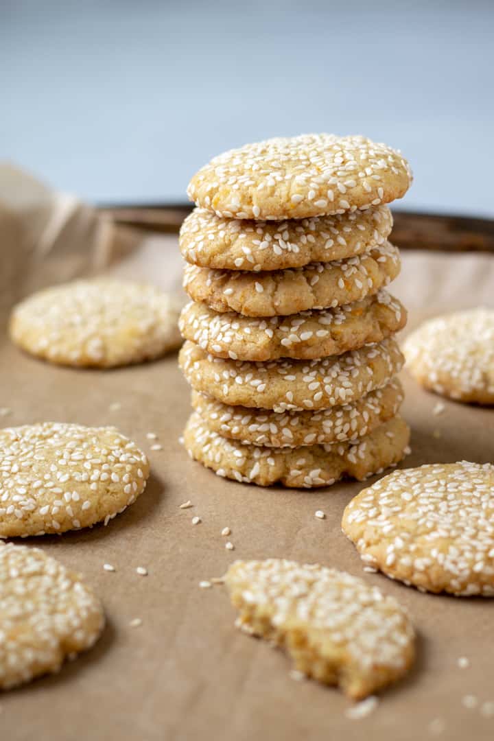 vegan orange-tahini cookies stacked