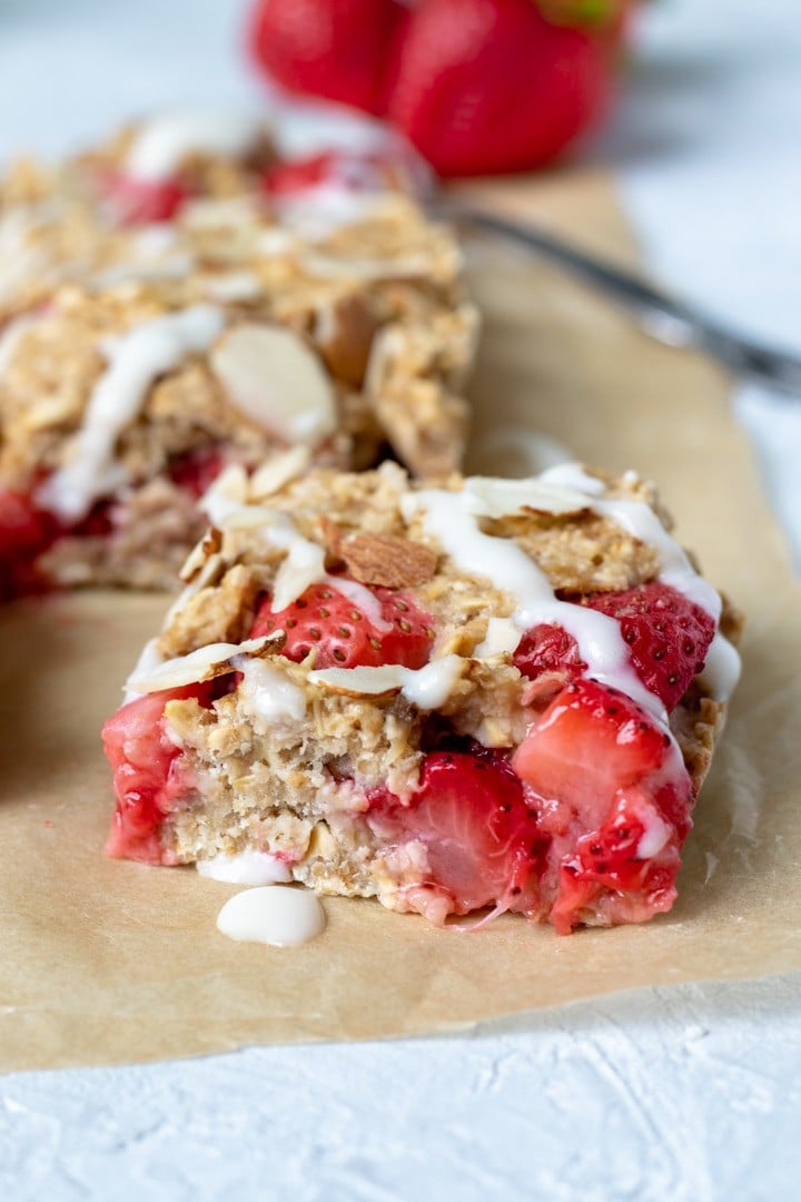 close up of a Strawberry Banana and Almond Oat Bar