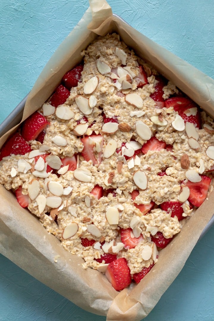 Strawberry Bar mixture in pan before being baked