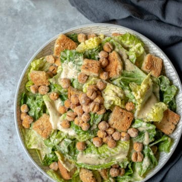 Vegan Caesar Salad with Croutons and Roasted Chickpeas in a large bowl