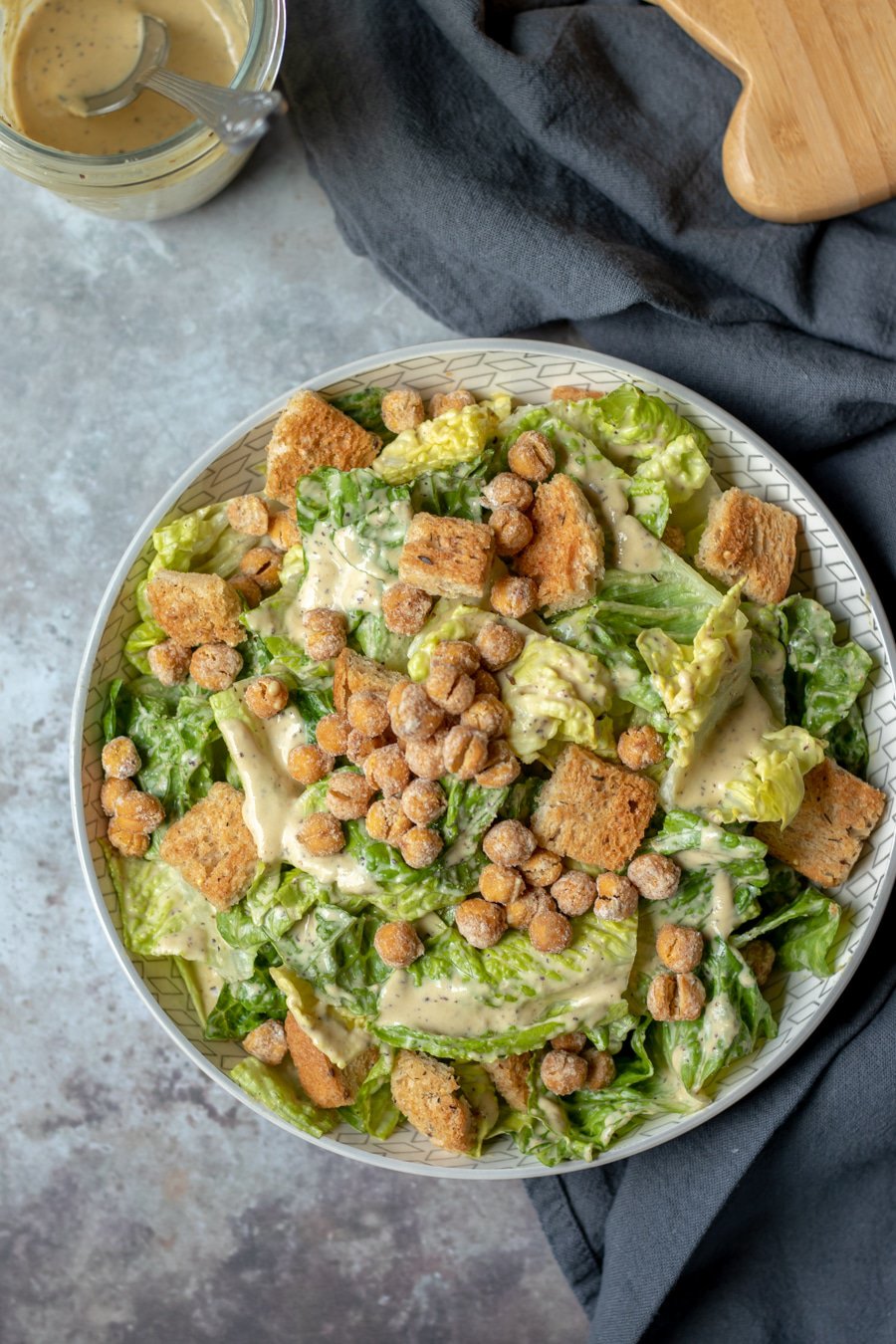 Vegan Caesar Salad with Croutons and Roasted Chickpeas in a large bowl.
