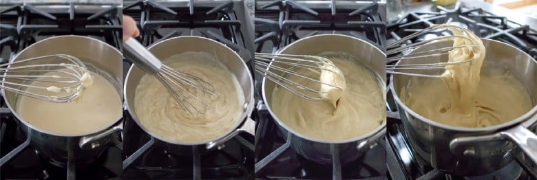 collage showing cooking vegan cheese on stove.