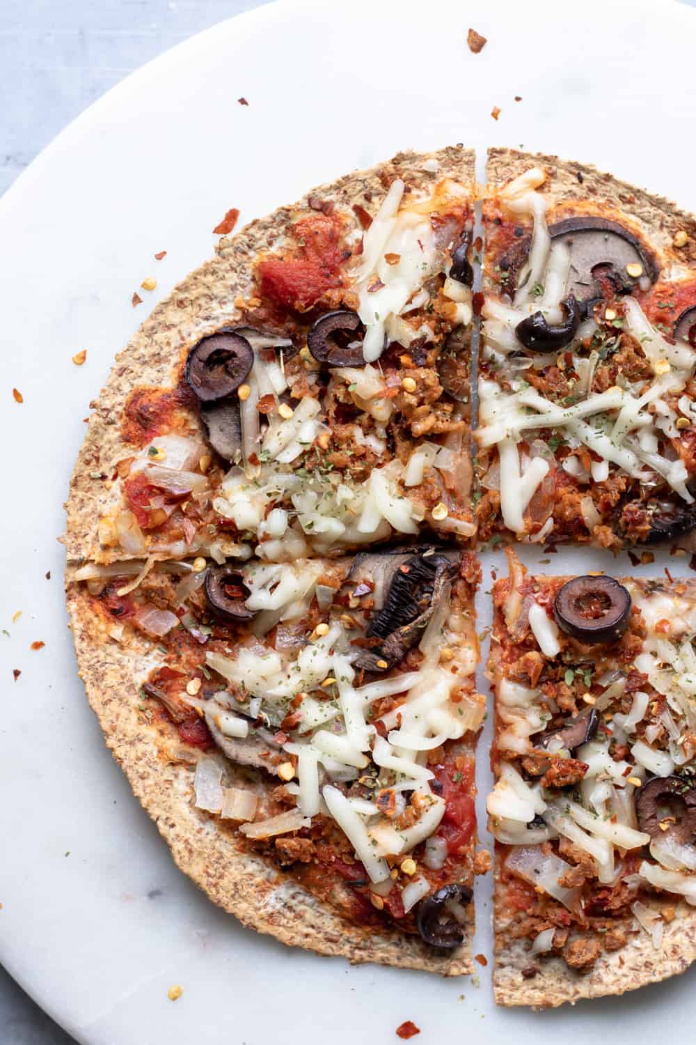 overhead shot of a baked tortilla pizza