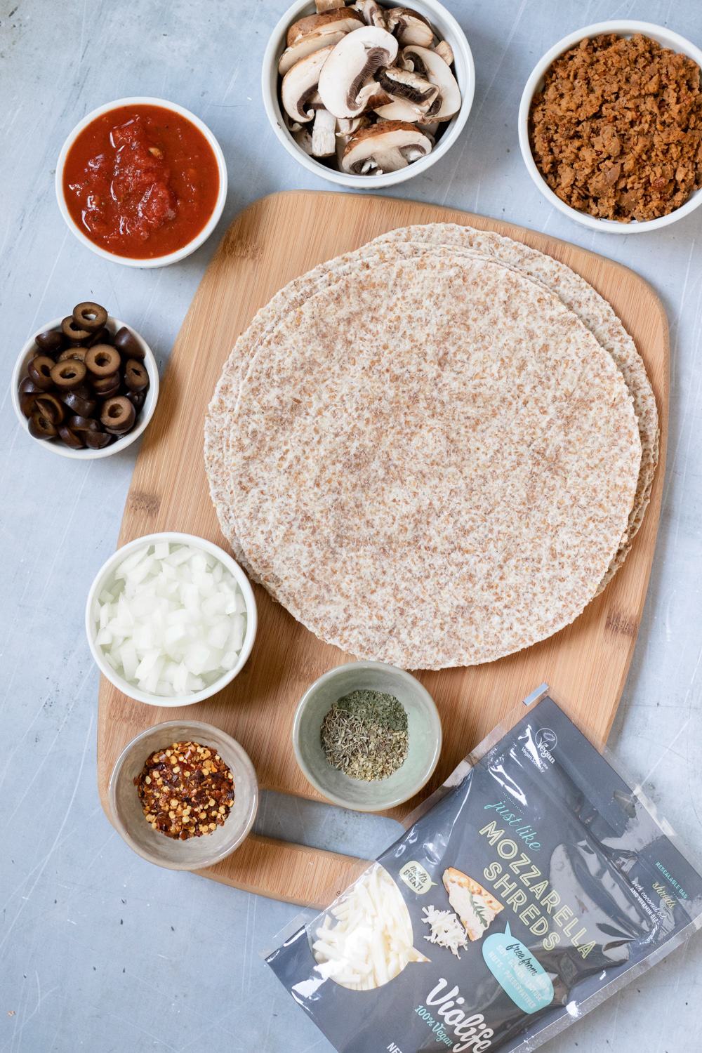 ingredients for vegan tortilla pizza
