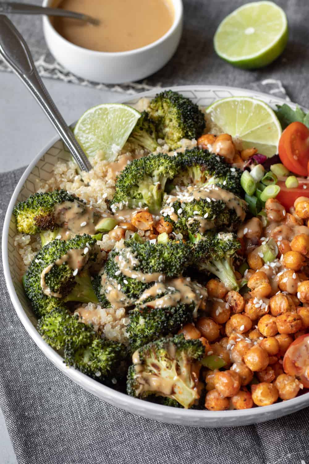 close up of Roasted Broccoli Bowl drizzled with Sunbutter Sauce