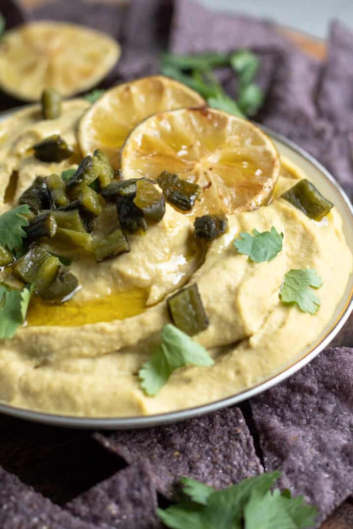 close up of Roasted Lime Jalapeno Hummus in a bowl