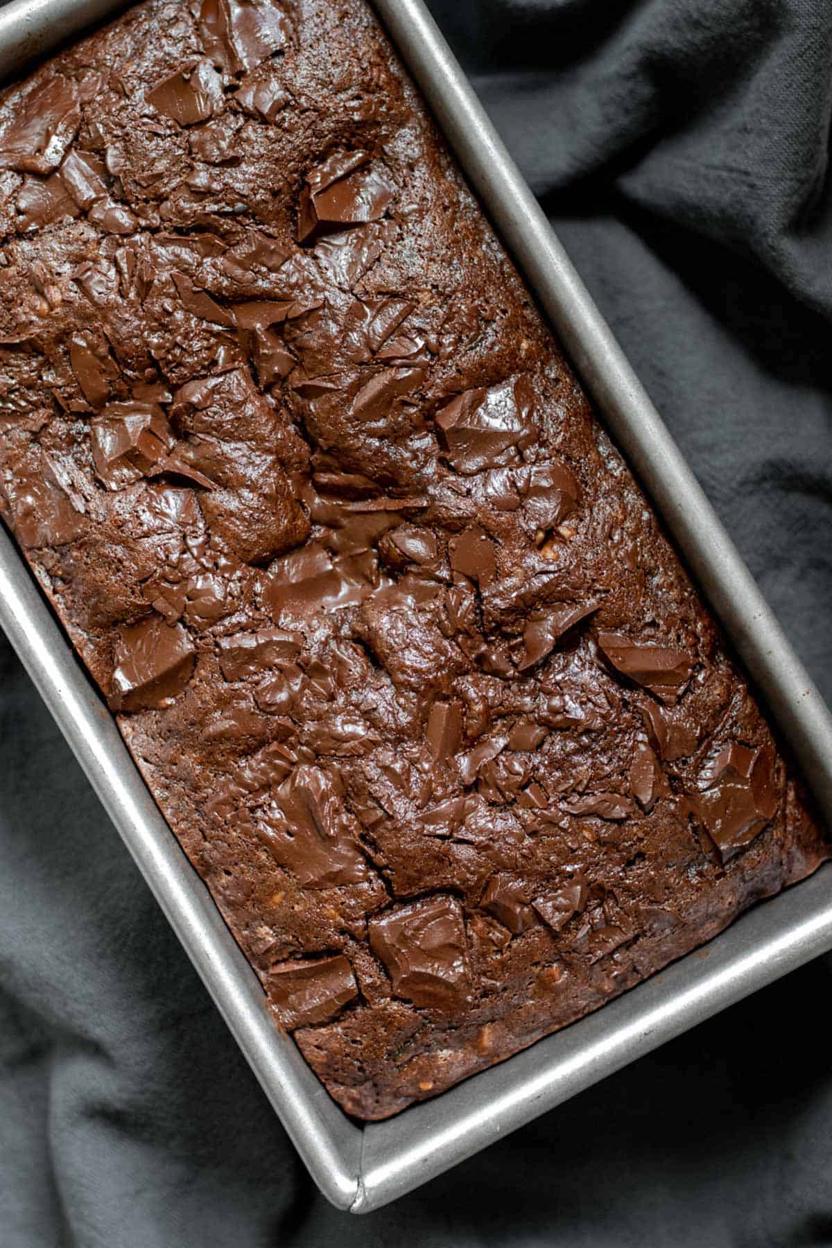 Chocolate Zucchini Bread in a loaf pan.
