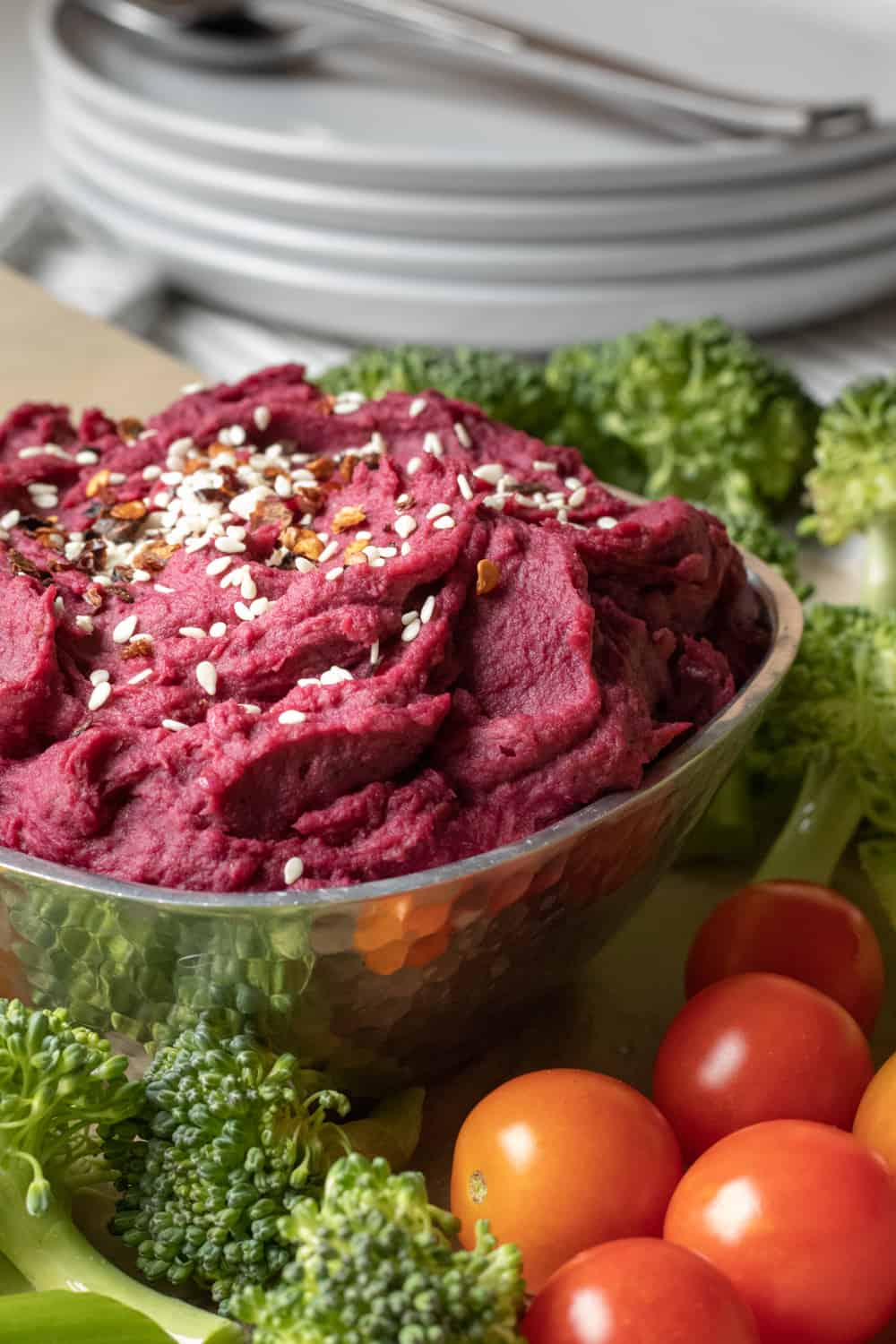 close up of chipotle purple potato dip in a bowl.