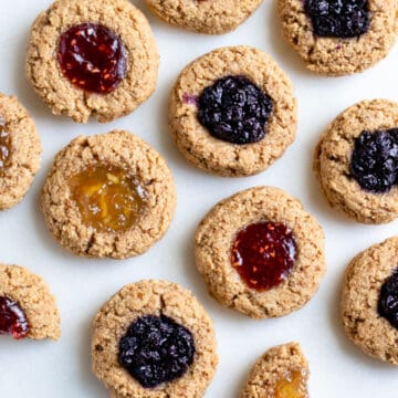 oil-free vegan thumbprint cookies on a serving platter