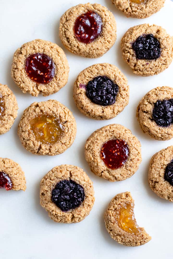 oil-free vegan thumbprint cookies on a serving platter.