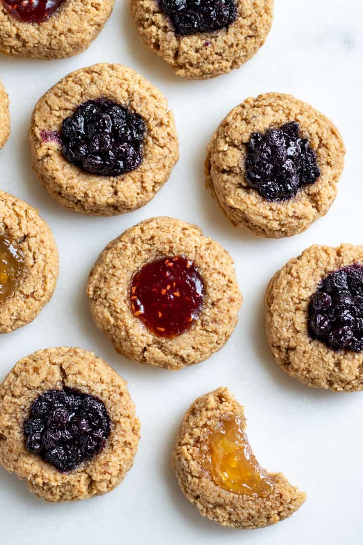 thumbprint cookies filled with a variety of fruit-sweetened jellies.