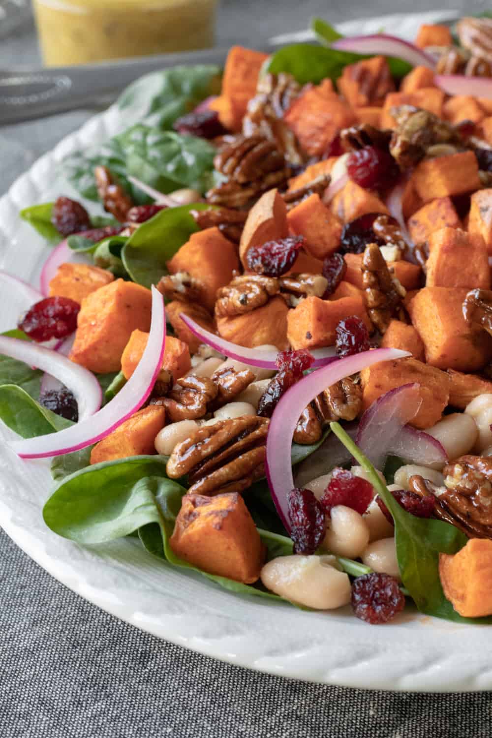 close up of the salad showing sliced red onion and candied pecans.