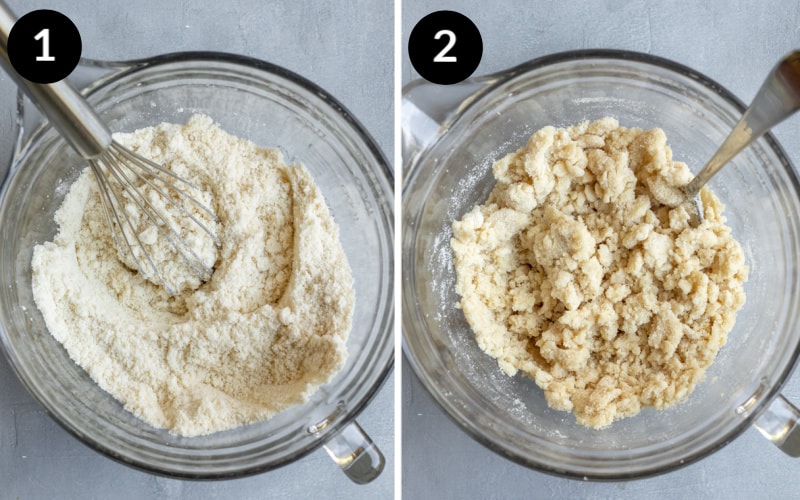 Collage showing steps 1 and 2 combining ingredients for vegan pie crust