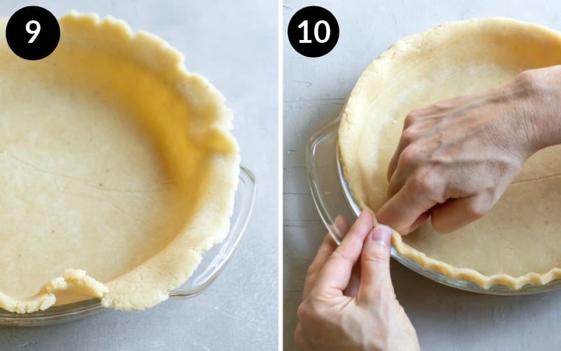 hands in view demonstrating how to crimp pie crust edges.