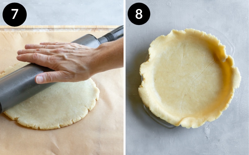 Two photos showing rolling out dough then flipped into pie plate.