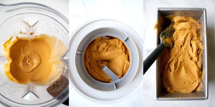 collage showing blending, churning, and freezing the ice cream.