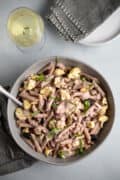 vegan kalamata olive pasta in a large bowl