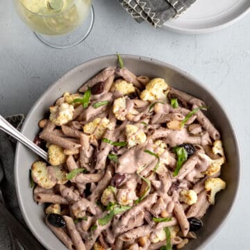 vegan kalamata olive pasta in a large bowl