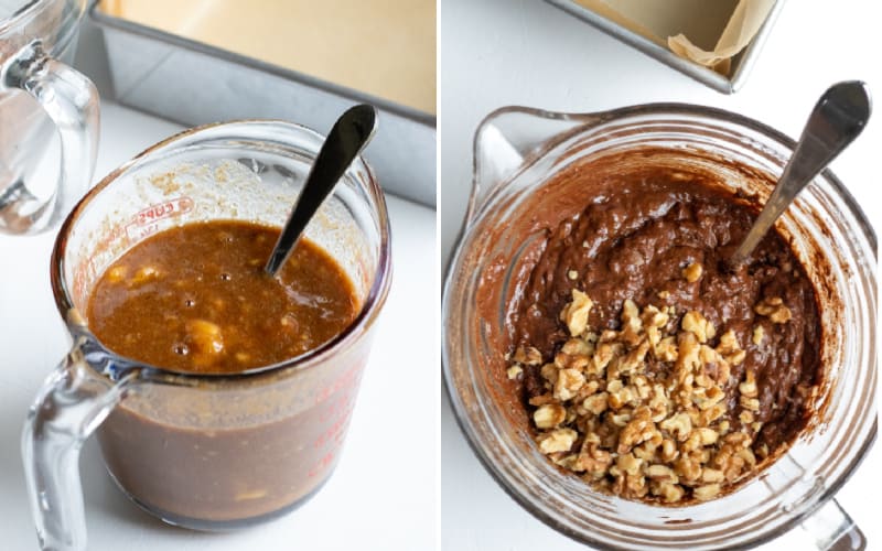 Two photos showing mixing wet ingredients into dry.