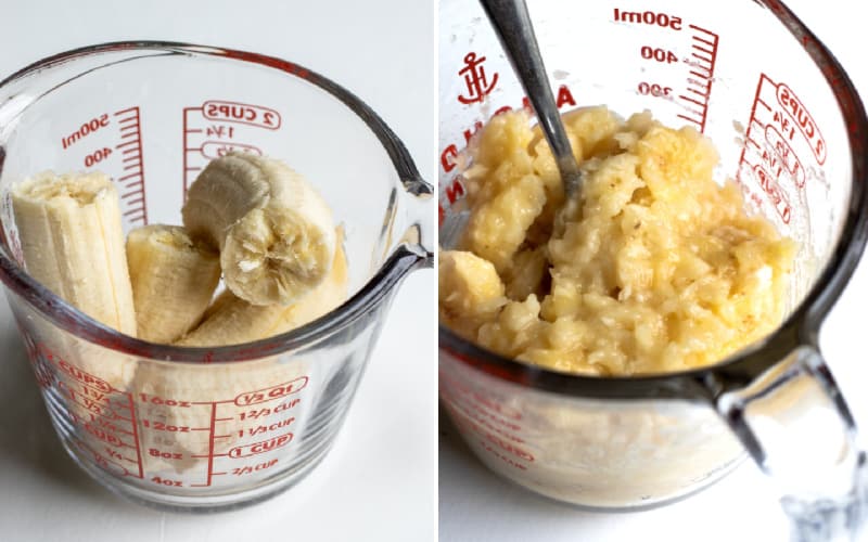 Collage showing mashed banana in a glass measuring cup.