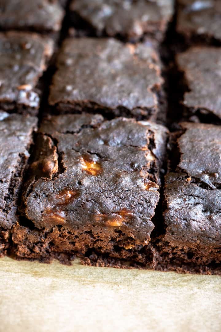 close up of little chunks of banana in these oil-free brownies.