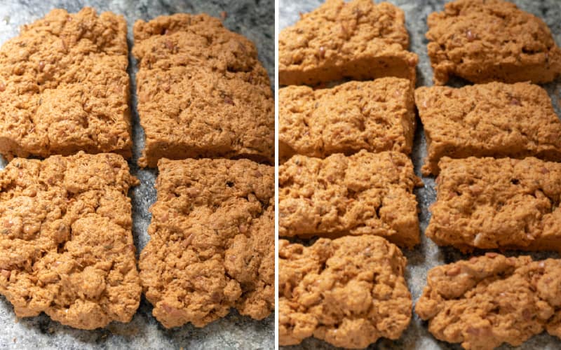 a two-photo collage showing cutting the seitan dough into 8 pieces.