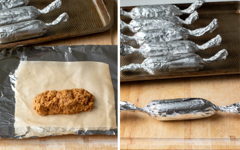 collage showing wrapping the seitan sausage links in parchment and foil.