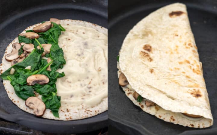 2-photo collage showing quesadilla assembly in a cast iron pan