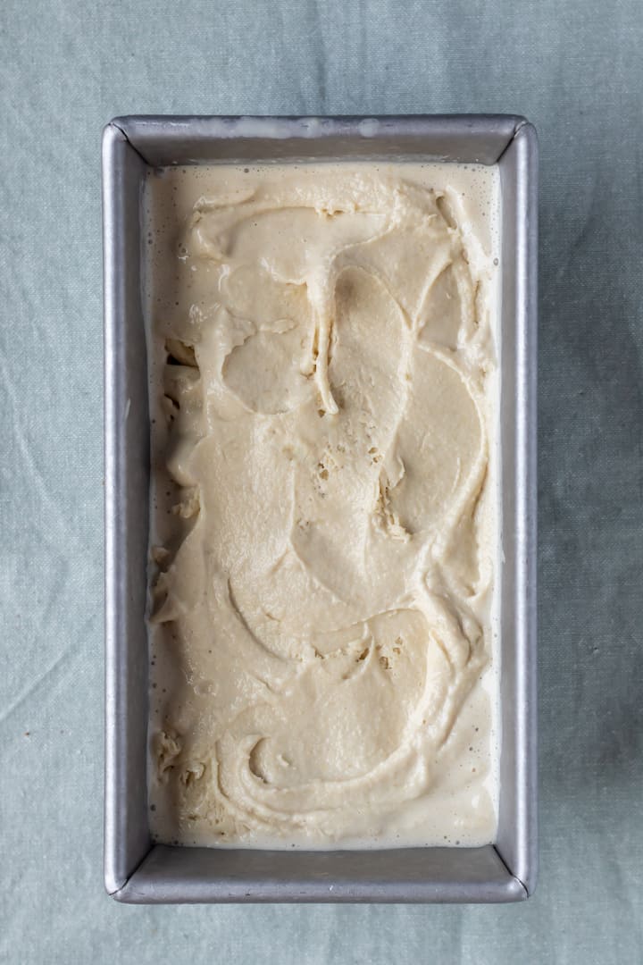 vegan ice cream in a loaf pan ready to be frozen for a firmer set.