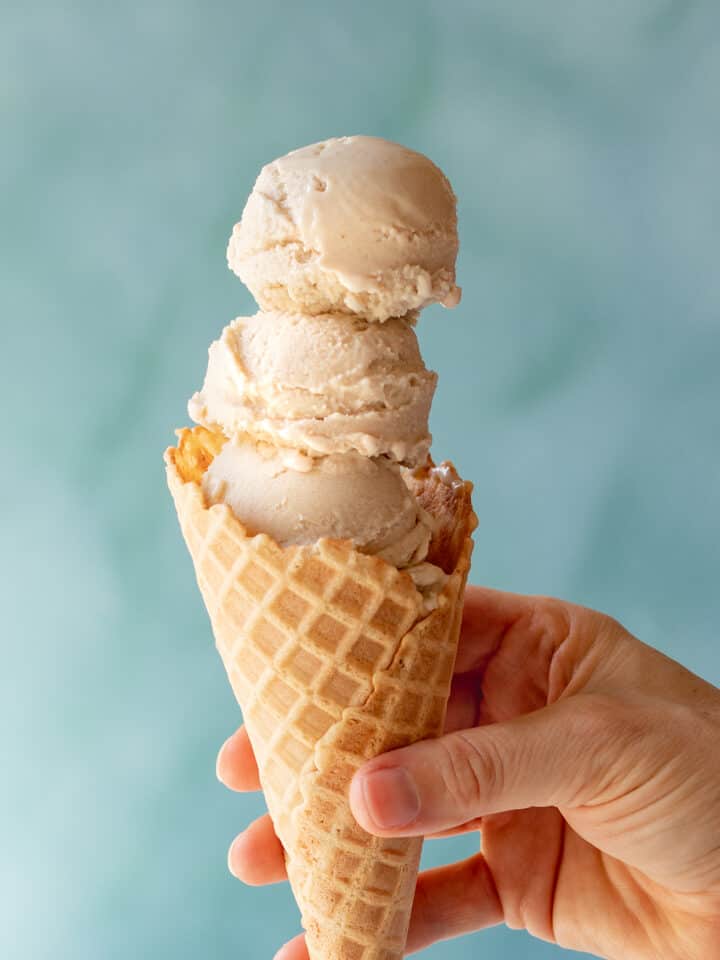three scoops of Vegan Vanilla-Maple Ice Cream in a waffle cone