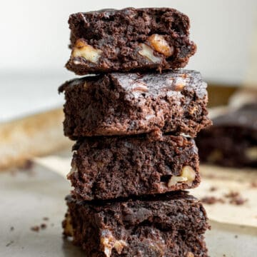 a stack of 4 vegan oil-free banana brownies