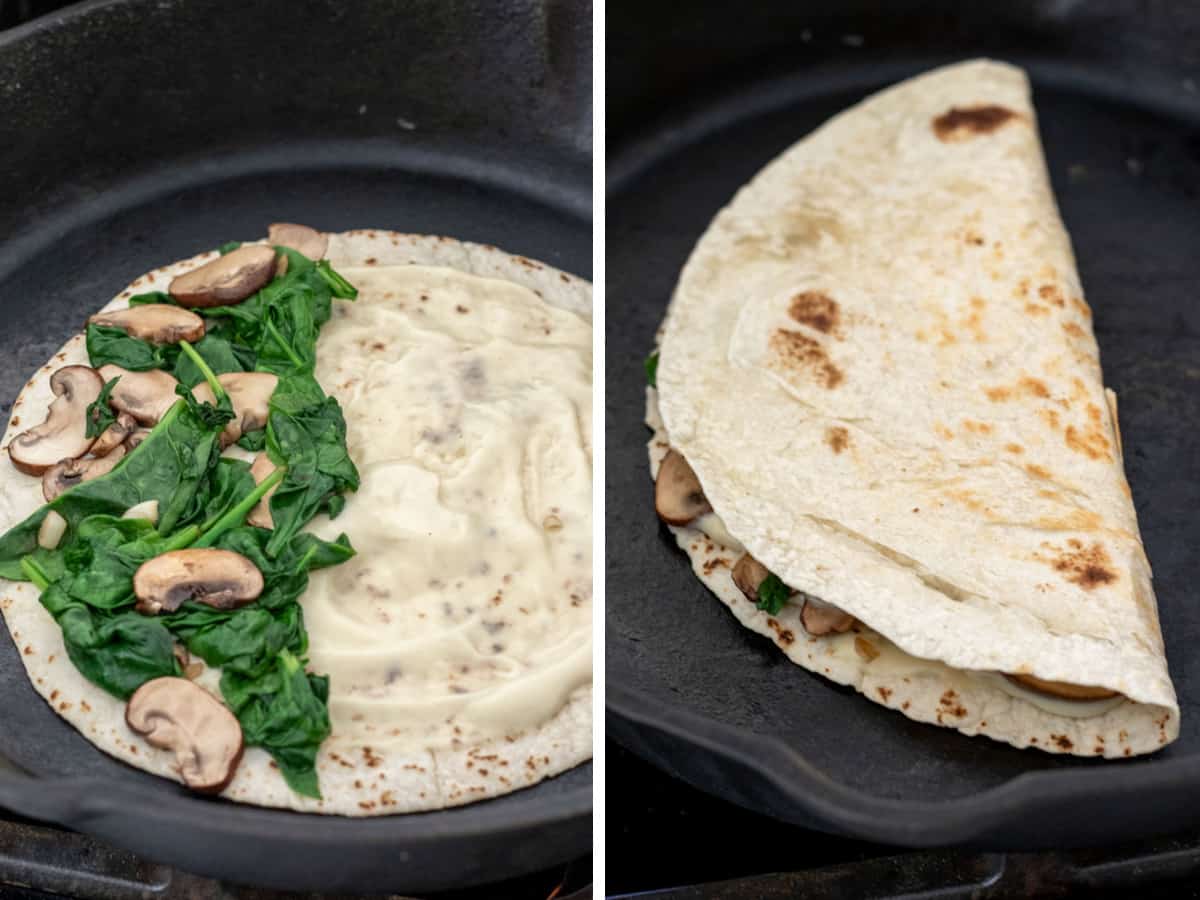 2 photos showing how to arrange cheese and veggies on tortilla and fold over.