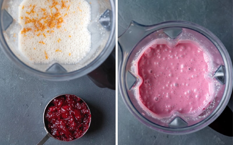 two photos showing the blended ice cream mixture before and after adding cranberry sauce.