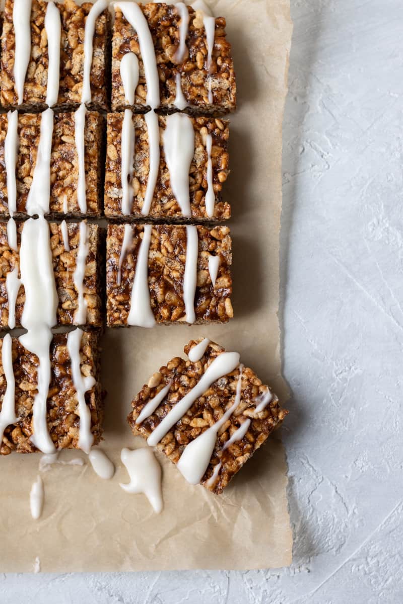 gingerbread vegan rice krispie treats cut into squares.