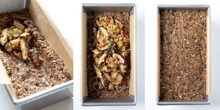 a 3-photo collage showing how to stuff the lentil loaf