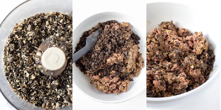 3-photo collage showing the mixing of the oats, lentils, seasonings, and Beyond Meat.