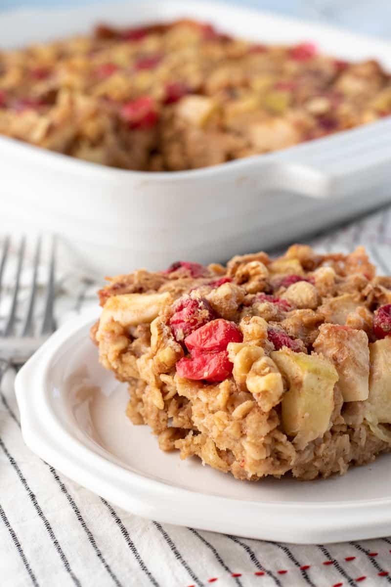 a serving of apple cranberry baked oatmeal on a plate