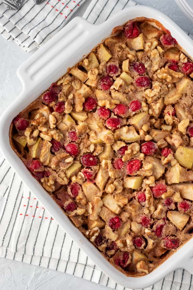 easy baked oatmeal in a white square baking dish.