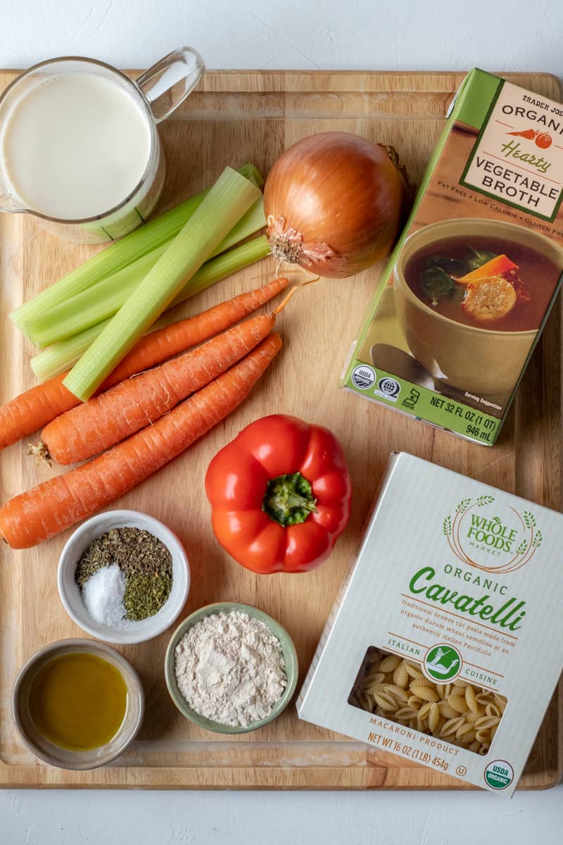 ingredients needed for Creamy Vegetable Noodle Soup.