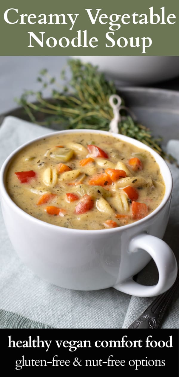 creamy vegan vegetable soup pin for Pinterest