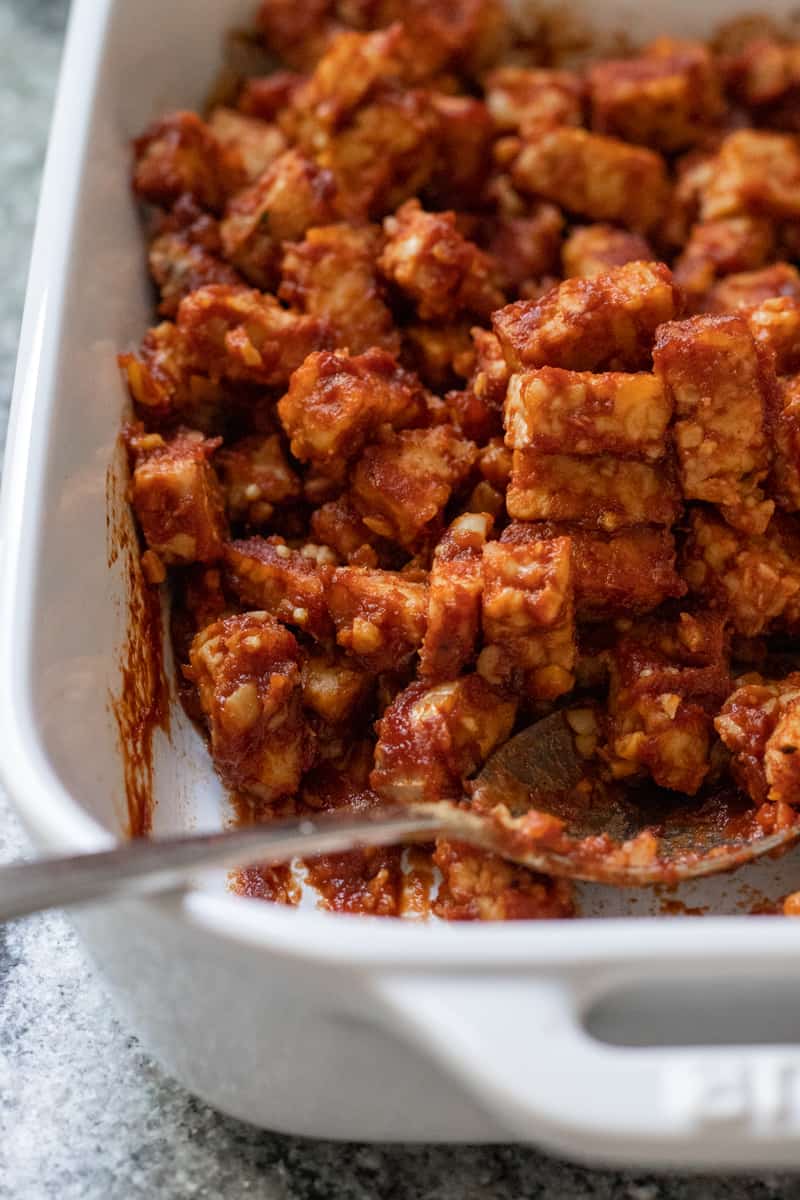 baked BBQ tempeh for nachos.