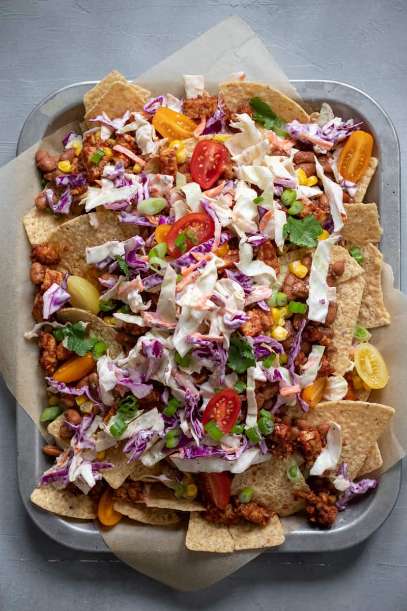 overhead shot of loaded vegan bbq nachos.