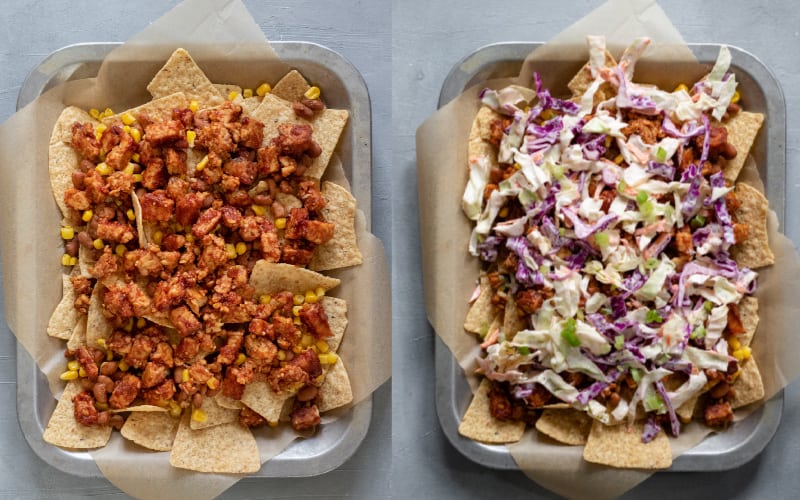 Two photos side by side showing how to assemble nachos.